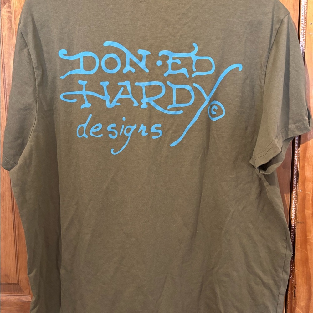 Ed Hardy Olive Tee with Blue Script and Black Panther - Picture 3 of 3